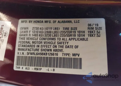2019 Honda Odyssey Elite from USA, damaged, VIN 5FNRL6H98KB126616